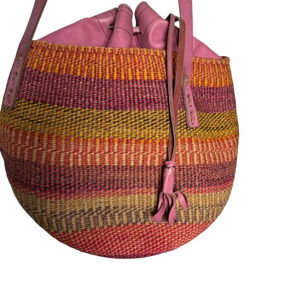 Vintage Woven Sisal Market Basket Tote Bag Leather Drawstring Closure Raffia - Picture 8 of 16